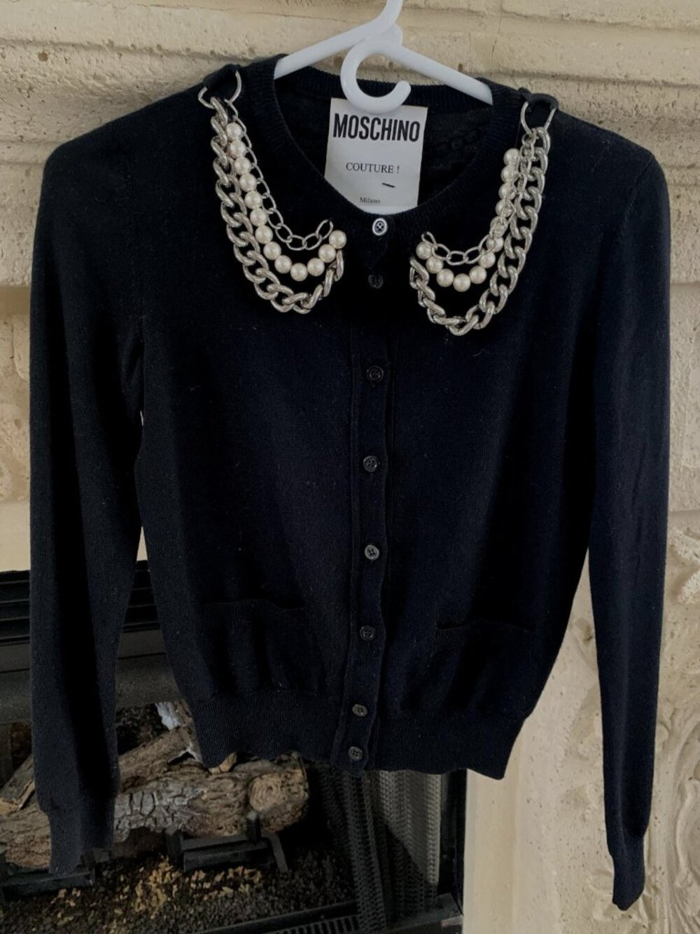 Moschino Couture BLACK CARDIGAN SILVER METAL CHAIN PEARL COLLAR SWEATER IT38 4